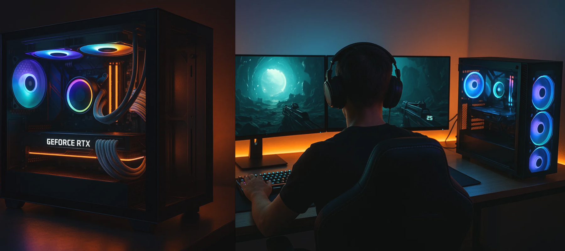 Person playing a game on a custom gaming pc computer setup with a high-end graphics card and RGB lighting.