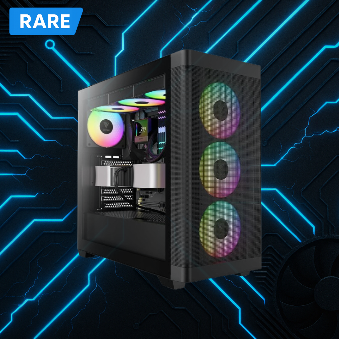 Rare tier gaming PC with RGB cooling fans, tempered glass side panel, and high-performance airflow case, built for 1080p and 1440p gaming.