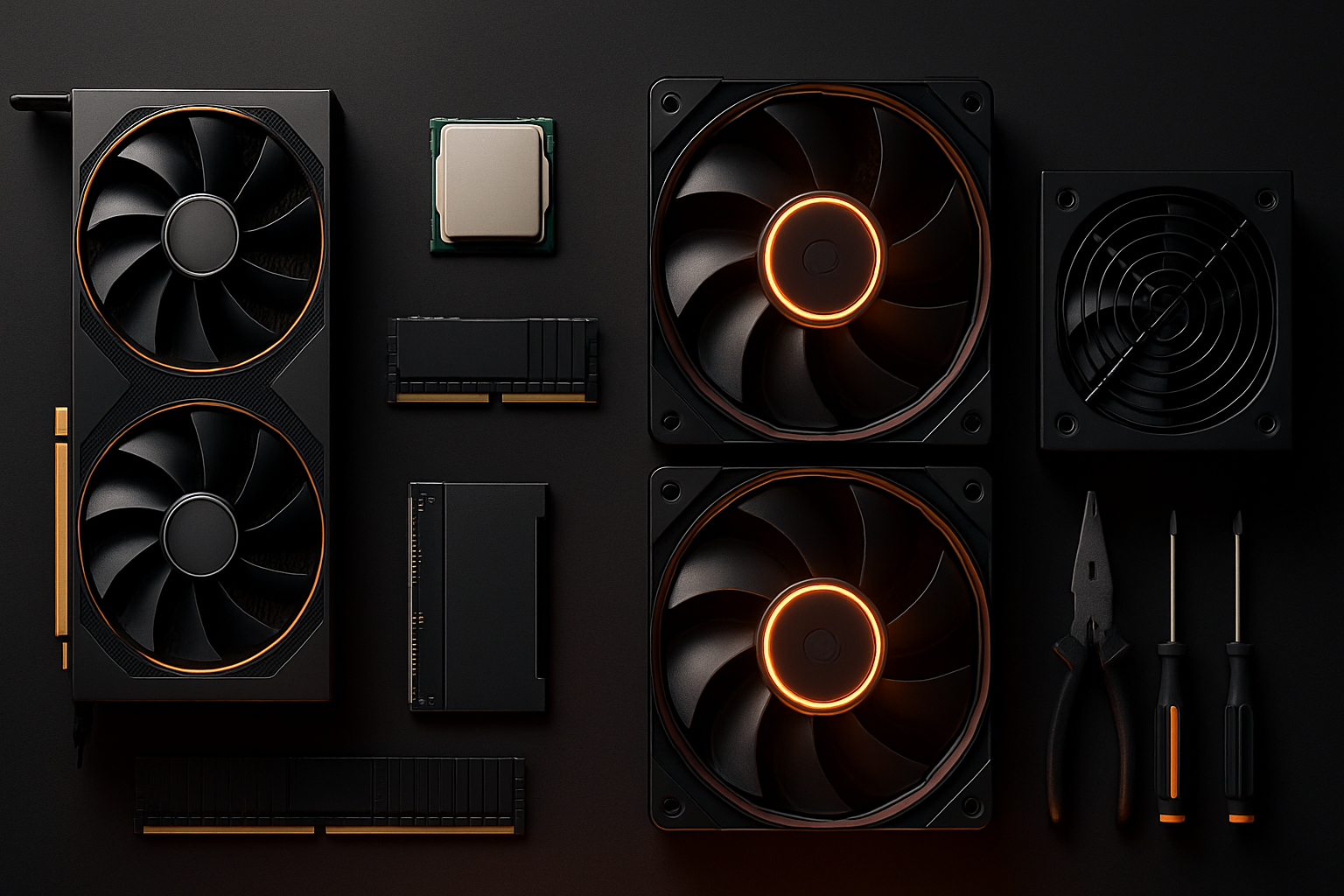Computer hardware components for a custom gaming pc including fans and processors on a dark background