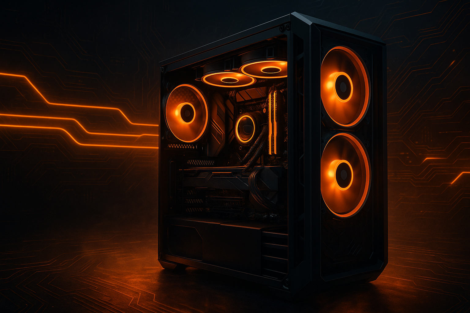 High-end gaming pc with glowing internal components on a dark background