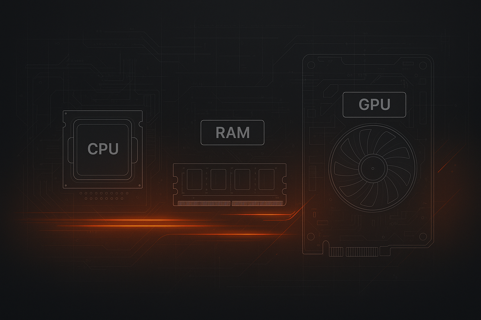 Illustration of CPU, RAM, and GPU components on a dark background with orange highlights.