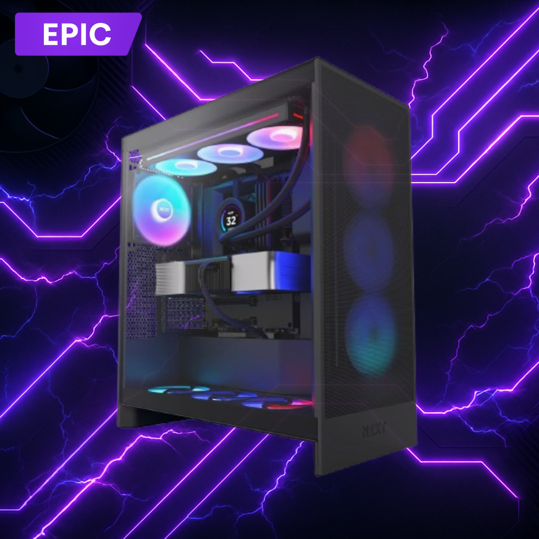 Epic tier custom gaming PC with liquid cooling, front and top RGB fans, tempered glass panel, and high-performance airflow design for 1440p gaming