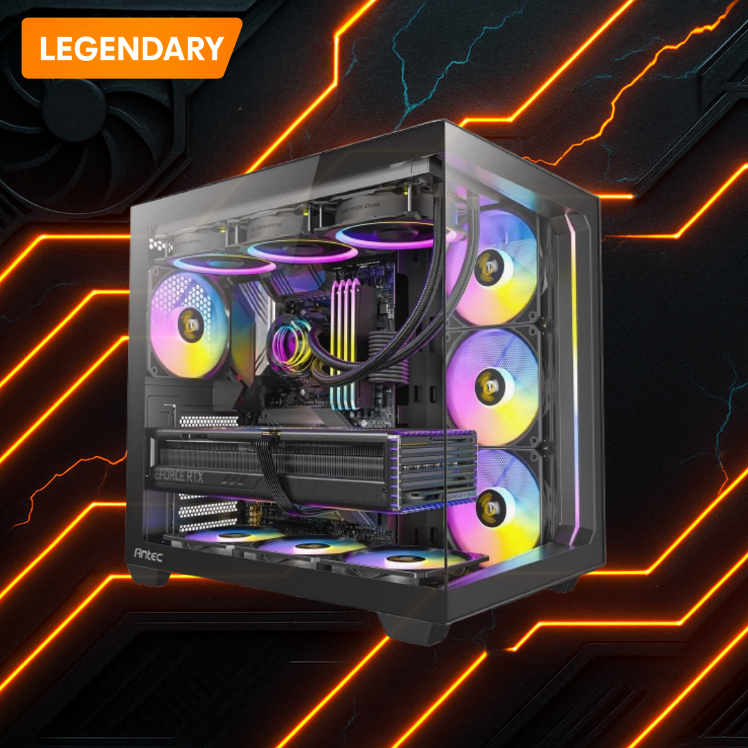 Legendary tier custom gaming PC with RTX GPU, full RGB cooling setup, tempered glass case, and liquid cooling - built for 4K ultra gaming and streaming.